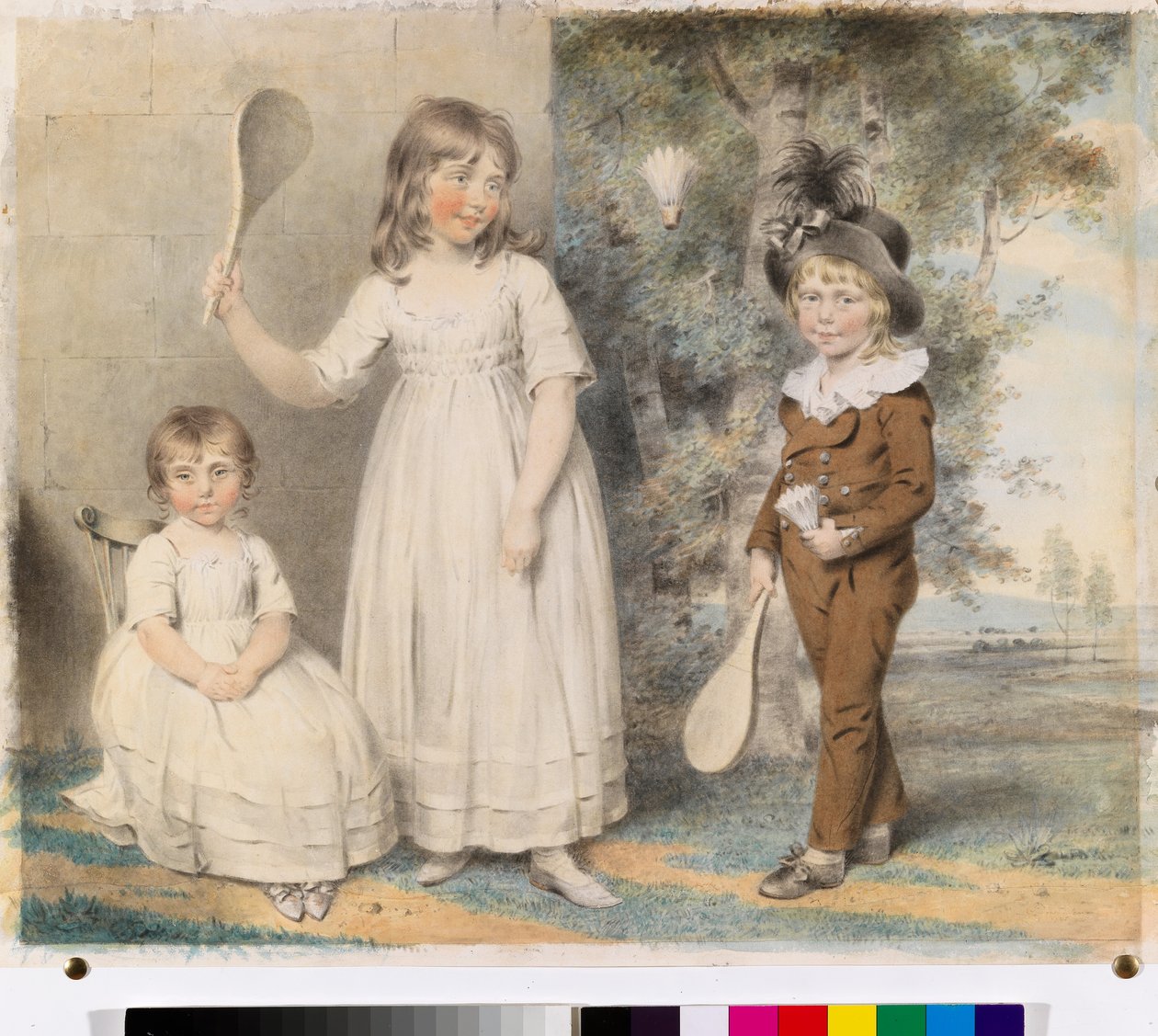 Os filhos de Frederick e Ellen Ray de Abingdon, Berkshire, em uma paisagem, 1795 (wc com lápis sobre papel) de John Downman