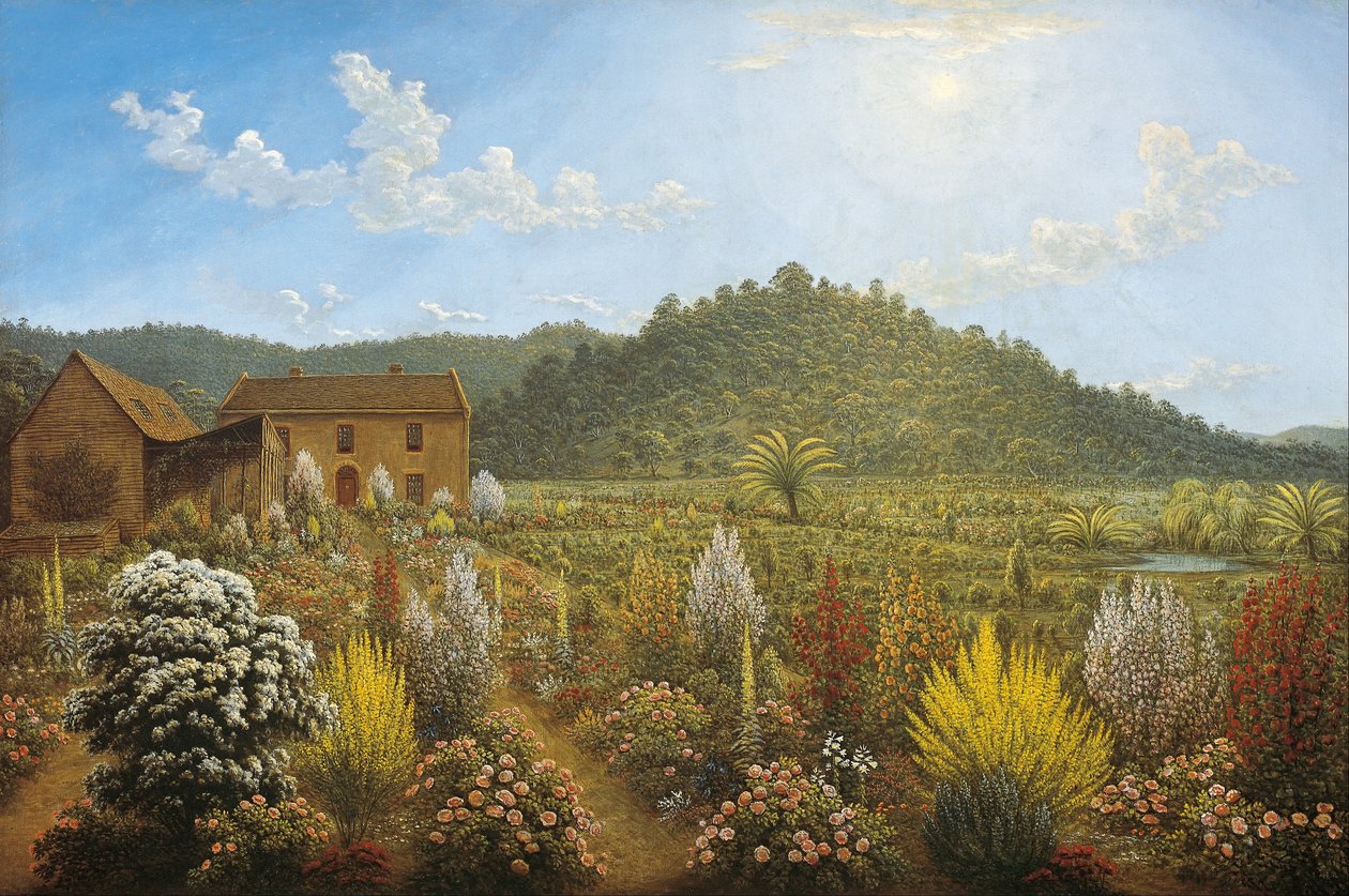 Vista da casa e do jardim dos artistas, em Mills Plains, Van Diemens Land de John Glover