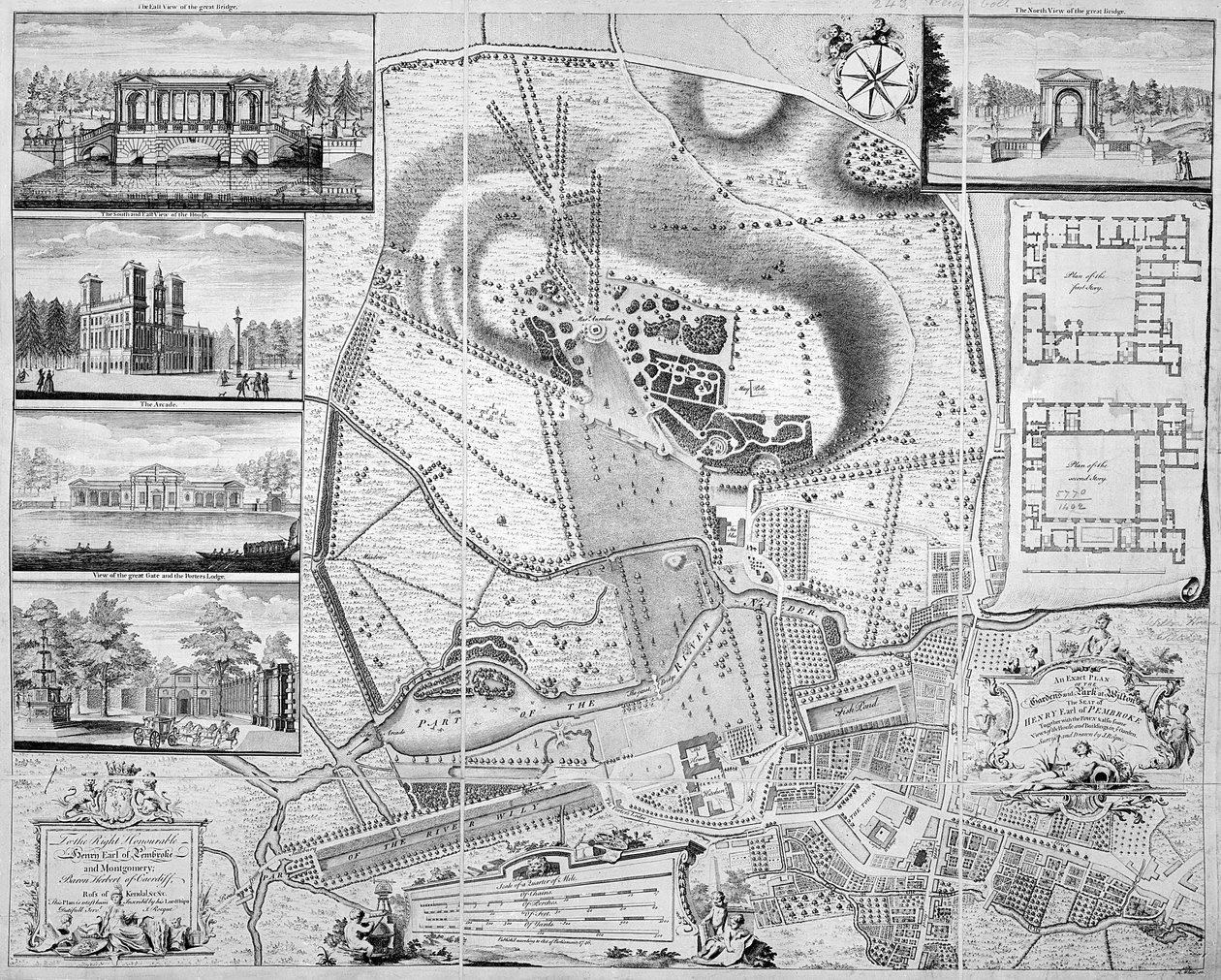 Um plano exato dos jardins e do parque em Wilton, a sede do Conde de Pembroke, 1746 de John Rocque