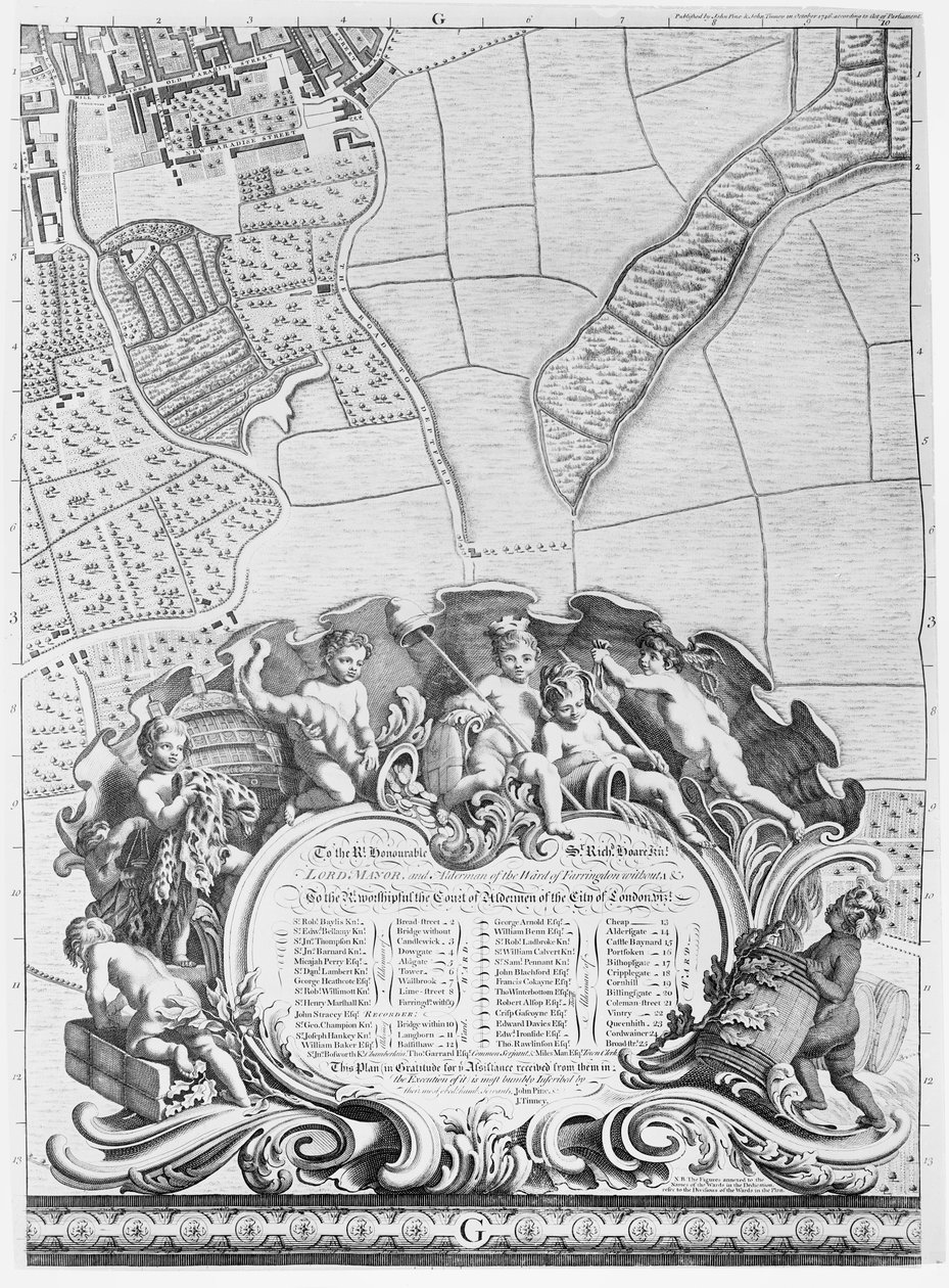 Inscrição do mapa de Londres de Rocque, listando os vereadores da cidade e suas áreas, 1746 de John Rocque