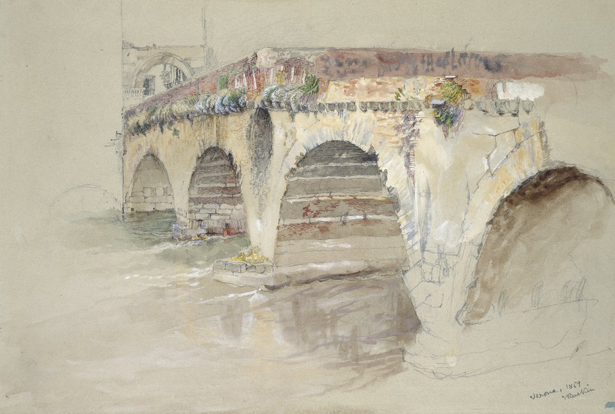 A Ponte della Pietra, Verona, 14 - 17 de junho de 1869 (aquarela e bodycolour sobre grafite em papel cinza wove) de John Ruskin