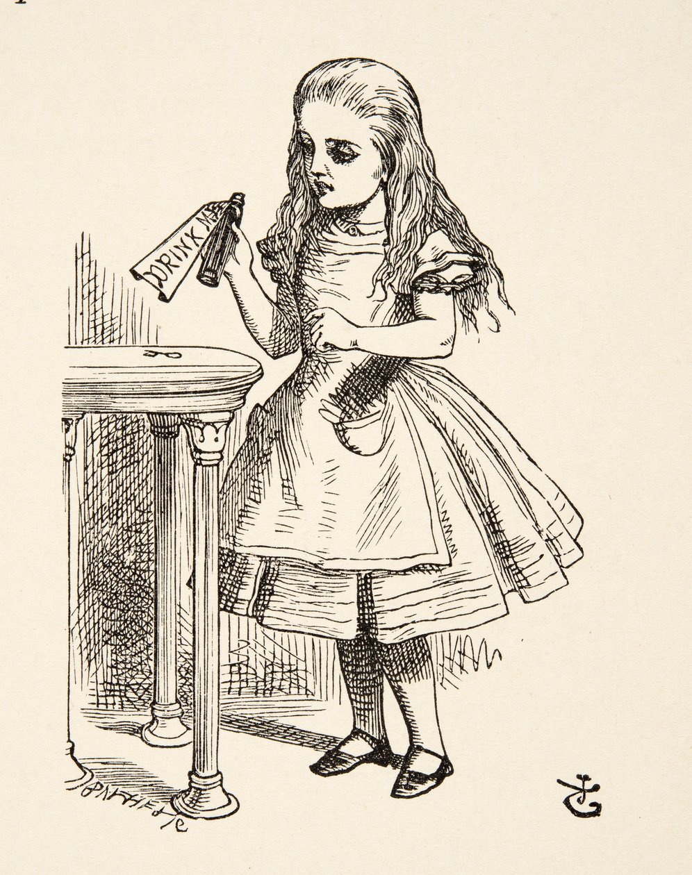 Alice espiando a garrafa de Drink Me, de Alices Adventures in Wonderland,  de Lewis Carroll (1832 - 98), pub. 1891