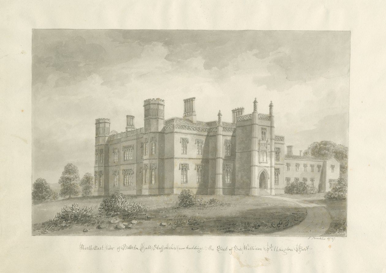 Butterton Hall: desenho sépia de John Buckler