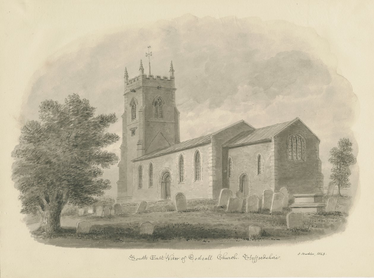Igreja Codsall: desenho sépia de John Buckler