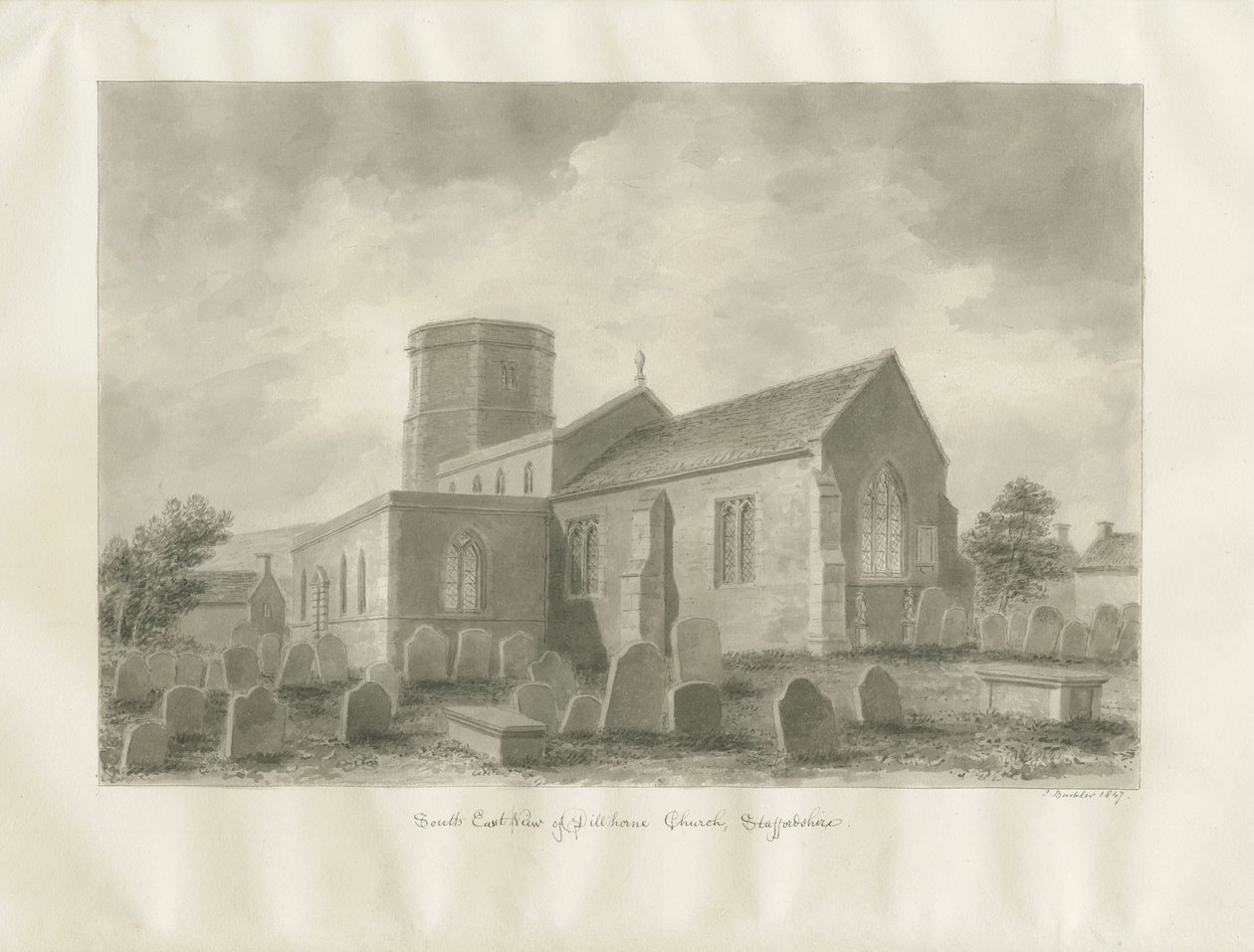 Igreja Dilhorne: desenho sépia de John Buckler
