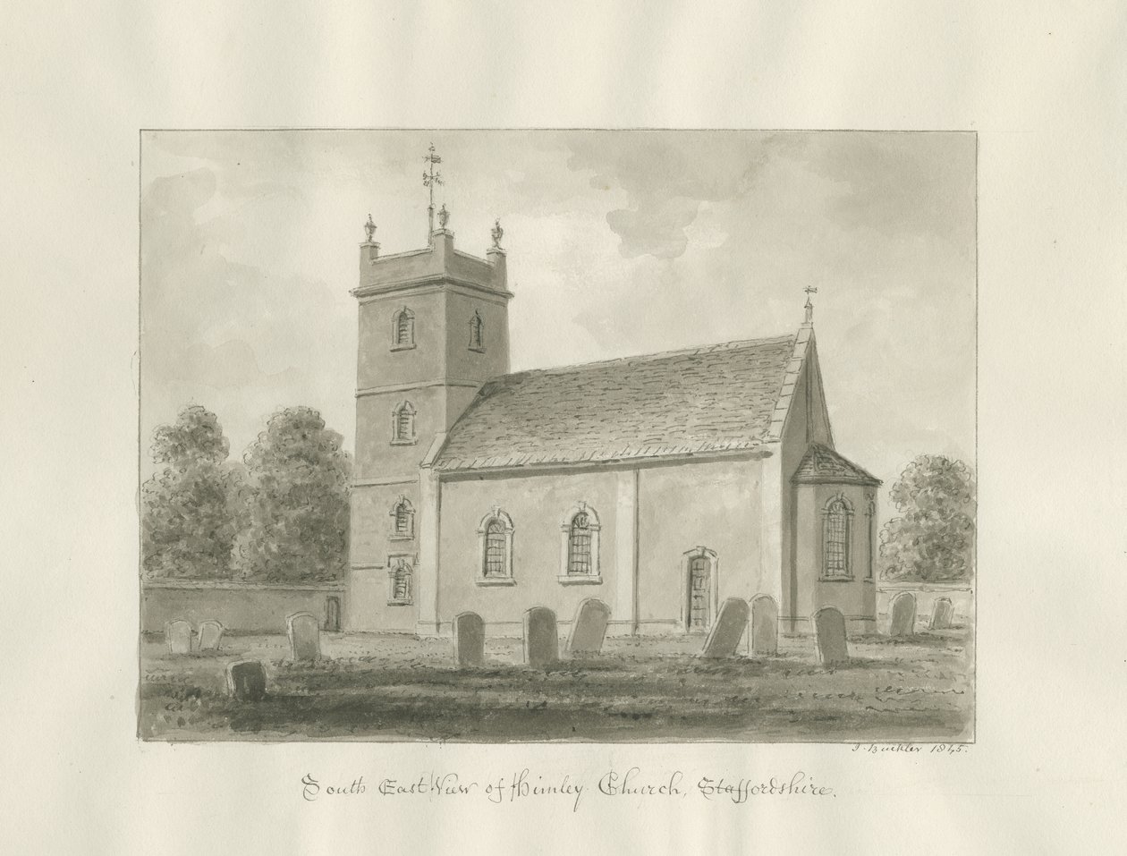 Igreja Himley: desenho sépia de John Buckler
