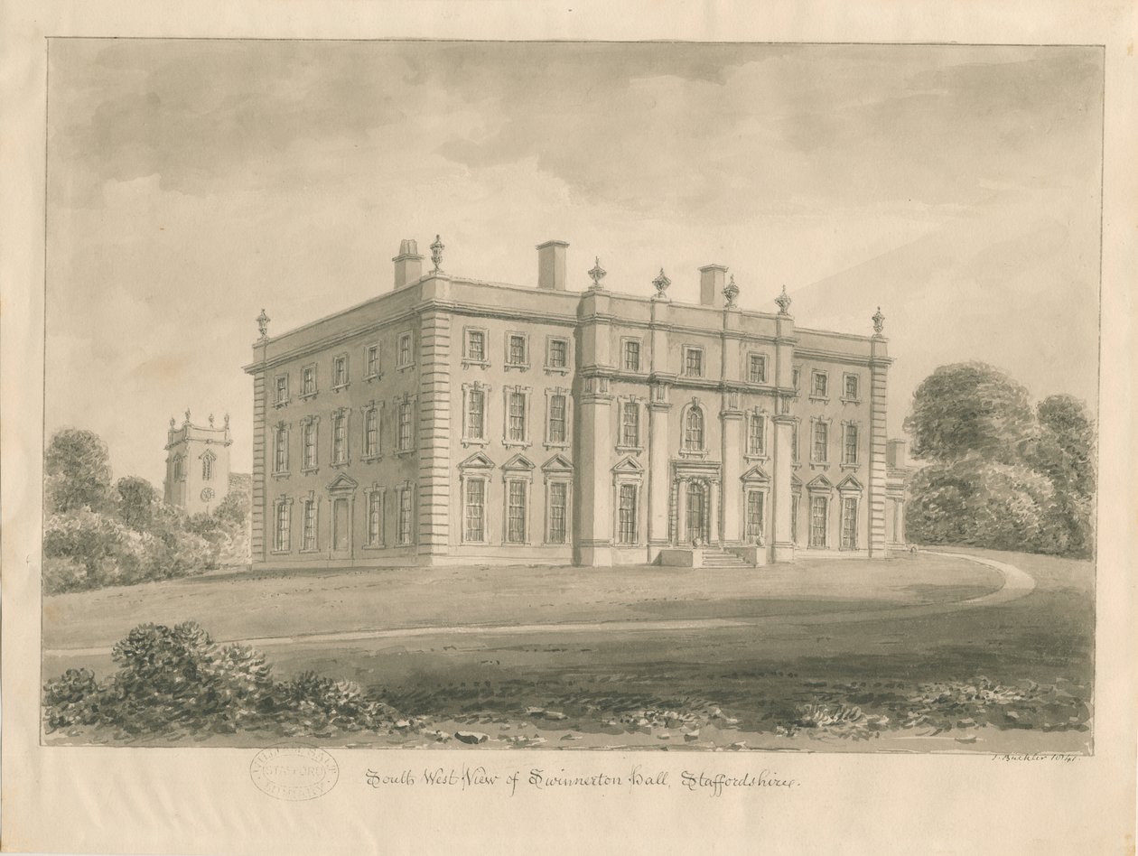 Swynnerton Hall: desenho em sépia, 1841 de John Buckler