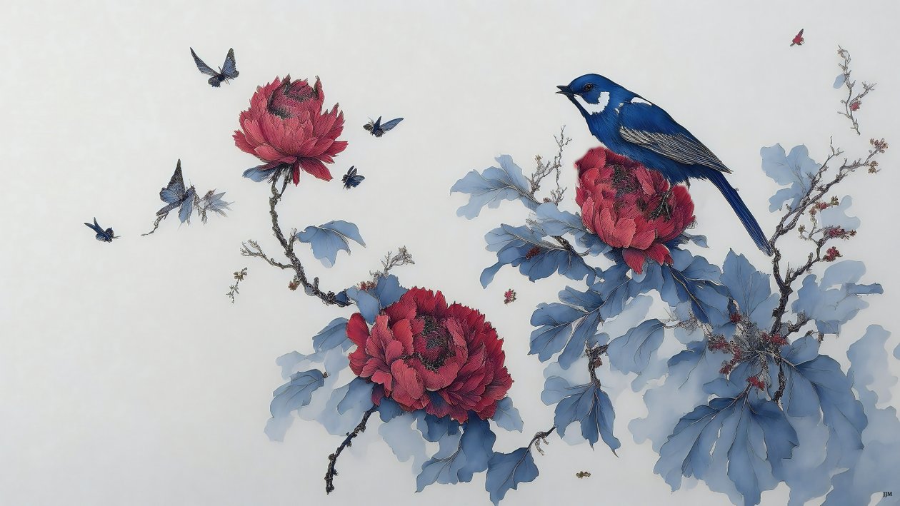 pintura a tinta: PEONY em azul_01 de Josef Johann Michel