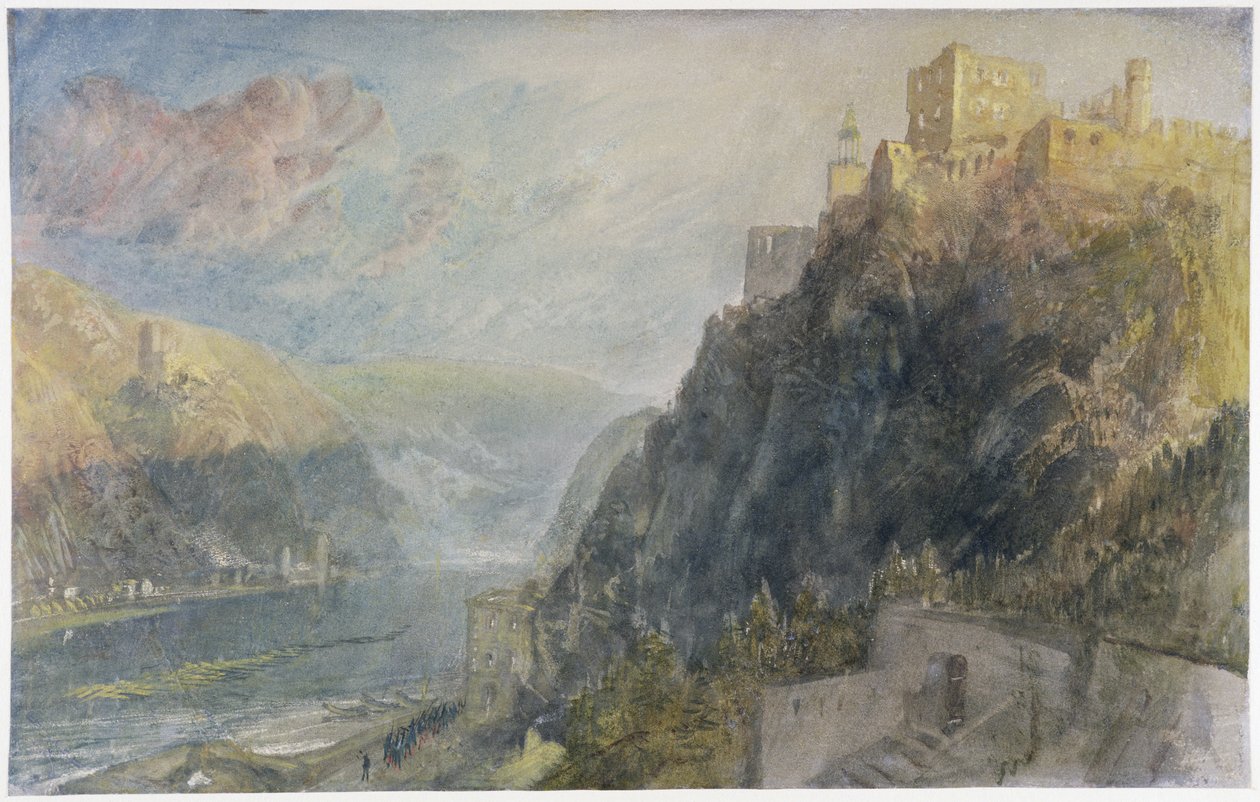 Rheinfels olhando para Katz e Gourhausen, 1817 (wc e guache sobre papel) de Joseph Mallord William Turner