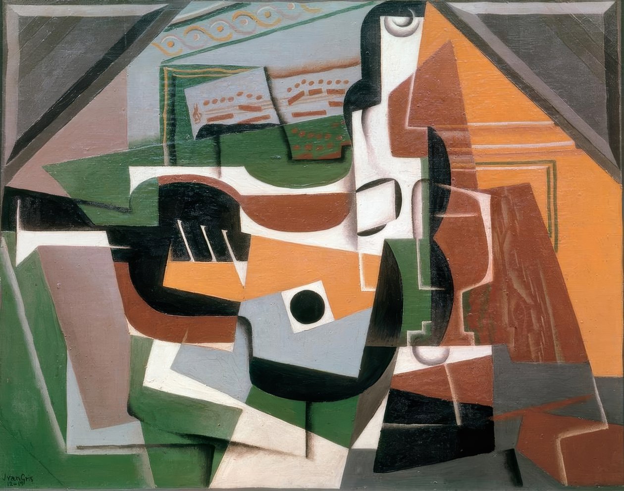 Guitarra, garrafa e copo de Juan Gris