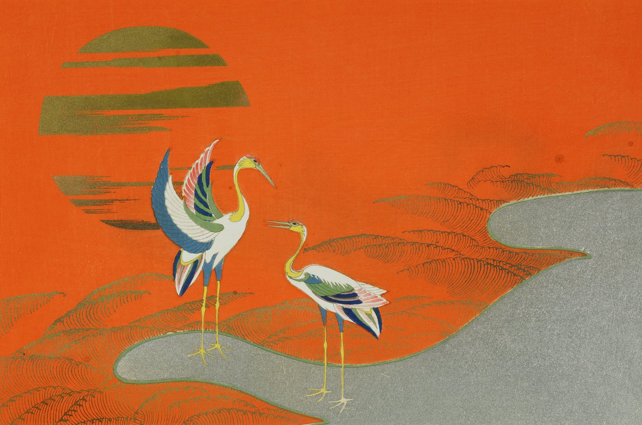 Aves ao pôr do sol no lago de Kamisaka Sekka