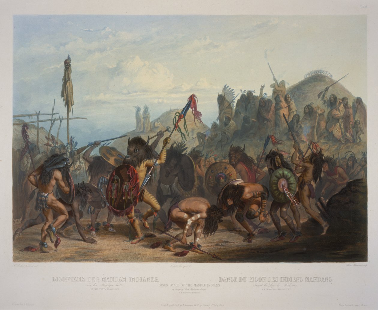 Bison Dance dos índios Mandan em frente à sua loja de remédios. de Karl Bodmer