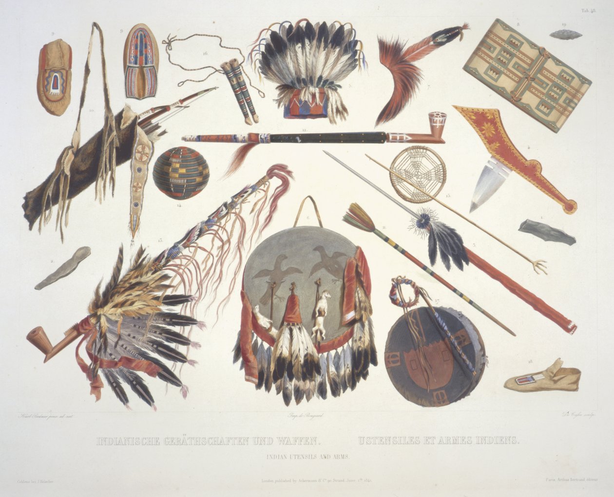 Utensílios e armas indianos, gravados por Du Casse, publicado em 1841 (aquatint) de Karl Bodmer