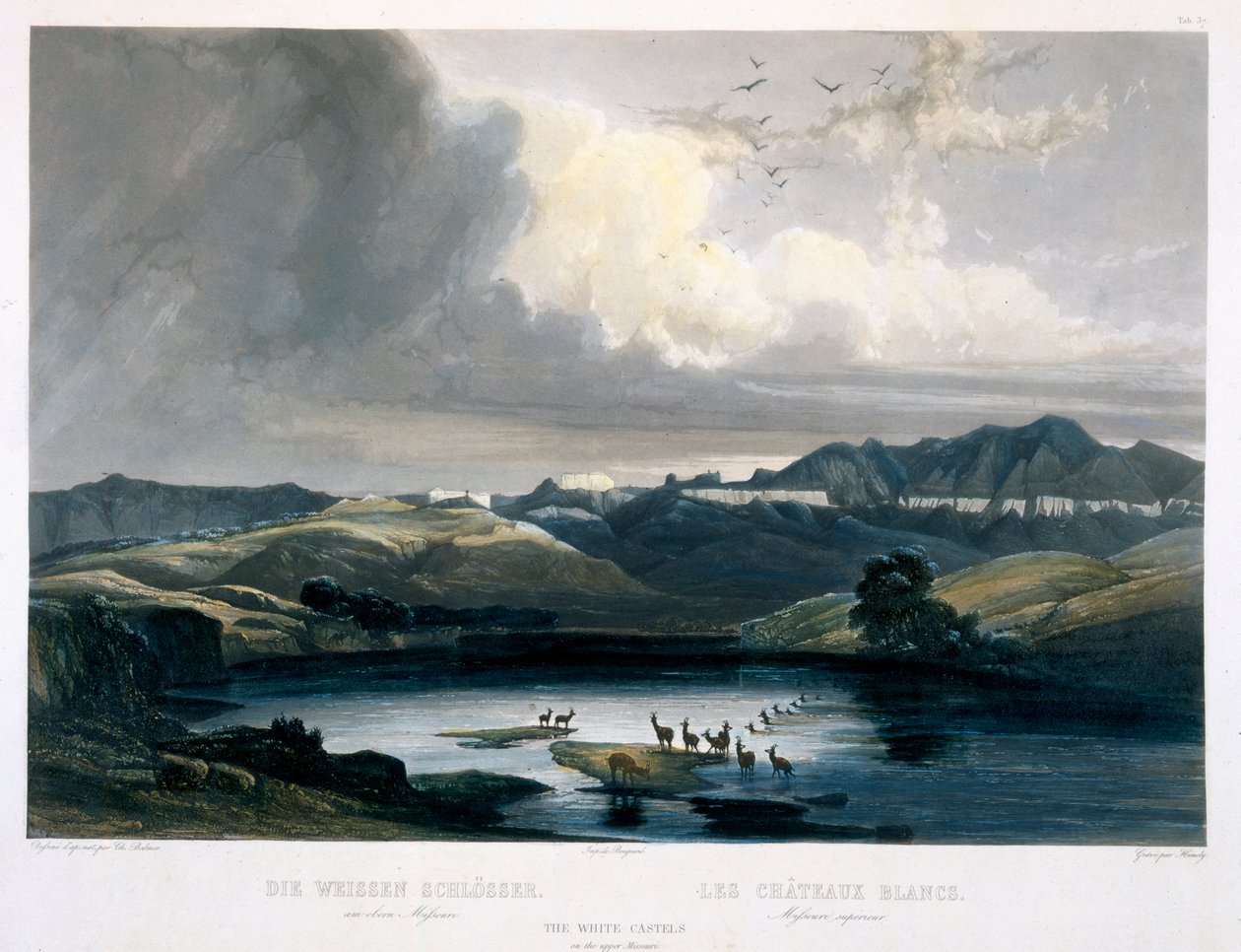 Os Castelos Brancos no Alto Missouri, prato 37 do Volume 2 de "Viagens no Interior da América do Norte", gravados por Sigismond Himely (1801-72) 1844 (aquatint) de Karl Bodmer