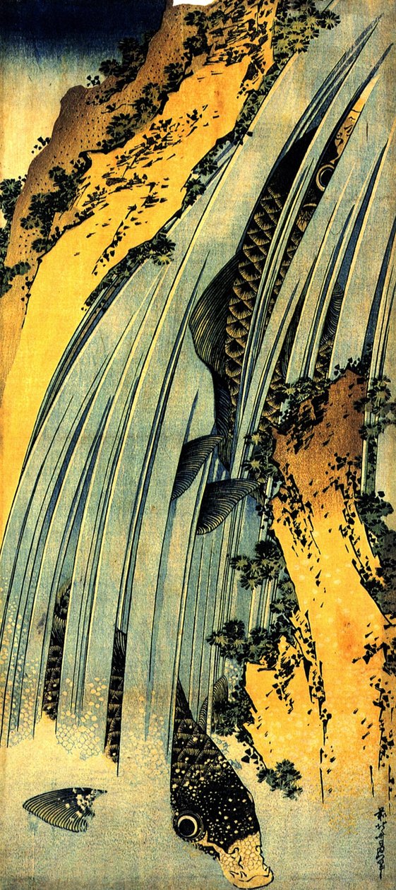 Duas carpas em cascata de Katsushika Hokusai