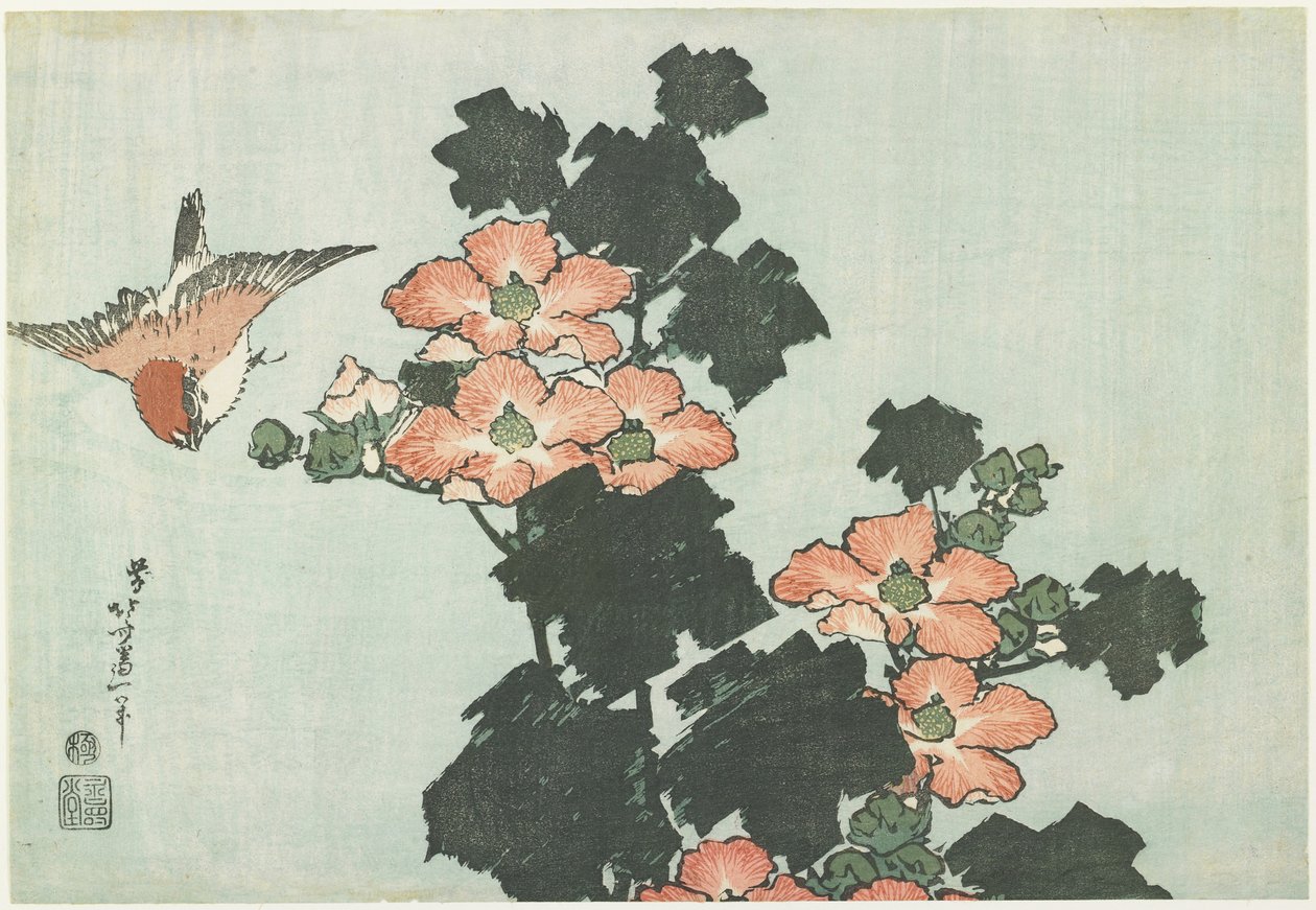 Rose Mallow e Sparrow, c. 1832 de Katsushika Hokusai
