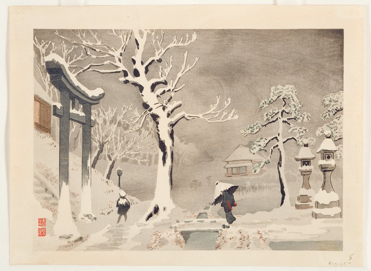 Cena de neve sob o Embankment no Santuário Mimeguri, Mukojima, c.1915 (xilogravura) de Kobayashi Kiyochika