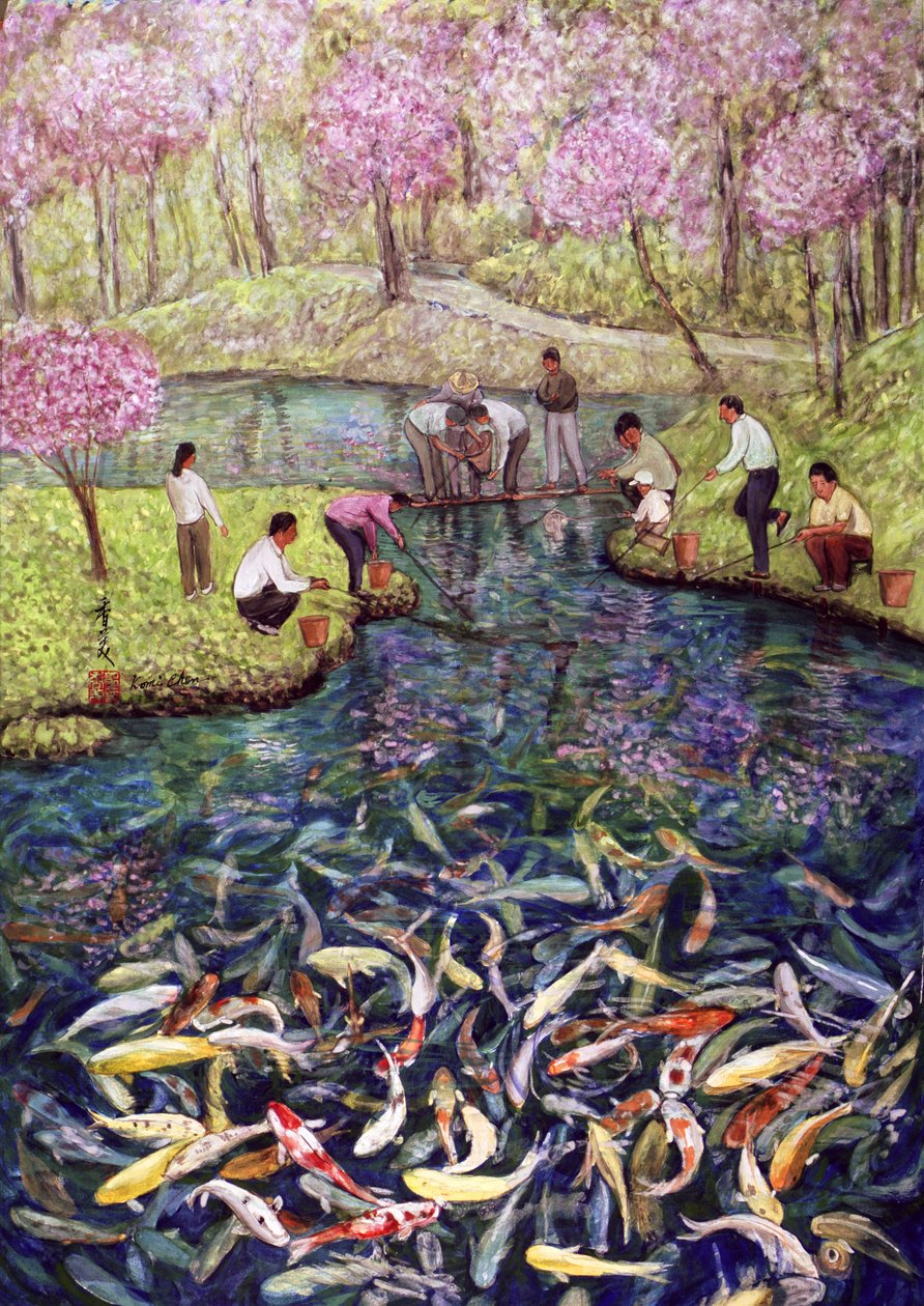 Pescando, 1996 (guache em seda) de Komi Chen