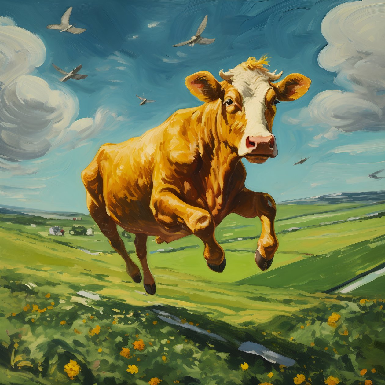 Vaca a voar sobre um prado verde 4 de Kurt Heppke