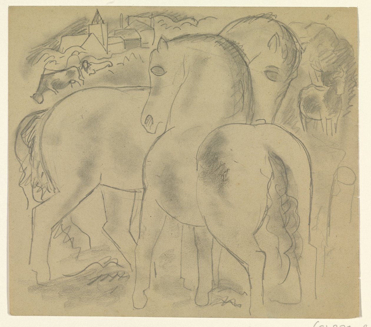 Dois cavalos numa paisagem com vacas de Leo Gestel