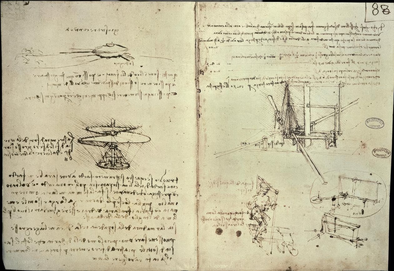 Estudos para hélices e máquinas voadoras de Leonardo da Vinci