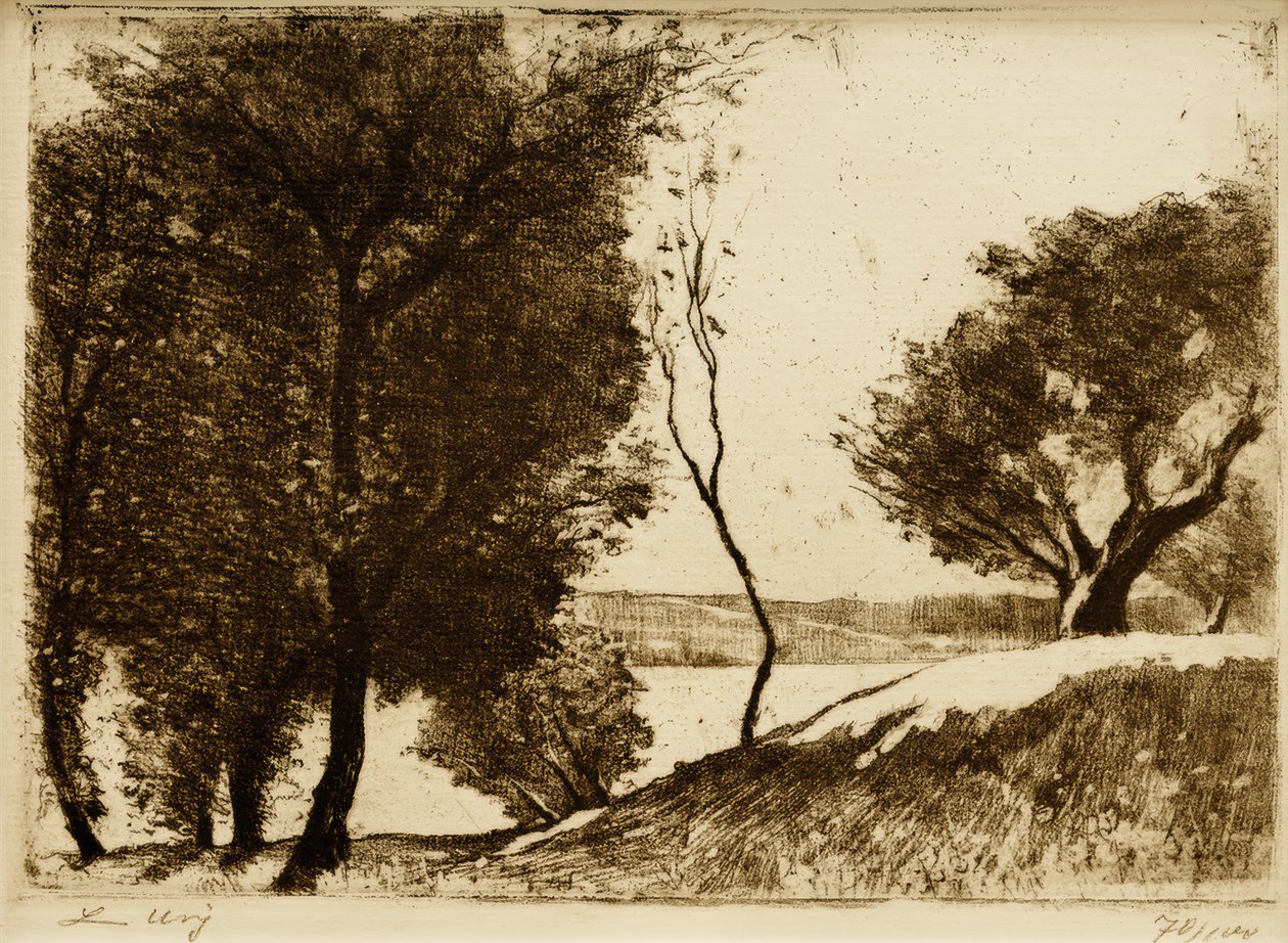 Costa arborizada no lago março de Lesser Ury