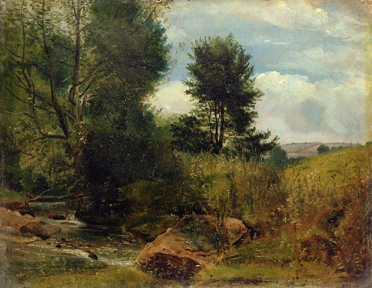 Vista sobre o rio Sid, perto de Sidmouth, c.1852 (óleo sobre papel a bordo) de Lionel Constable