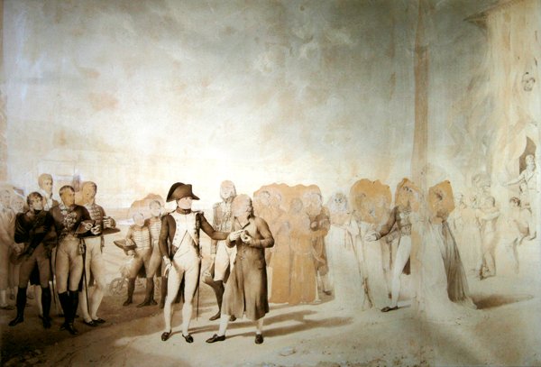 Napoleão visita a fábrica em Jouy-en-Josas, 20 de junho de 1806 (caneta e tinta sépia sobre papel) de Eugene Isabey