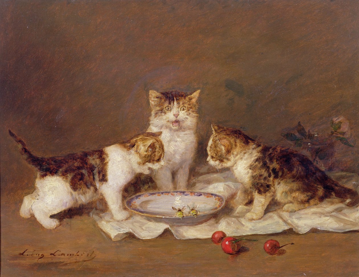 Três gatos, cerejas vermelhas e abelhas de Louis Eugene Lambert