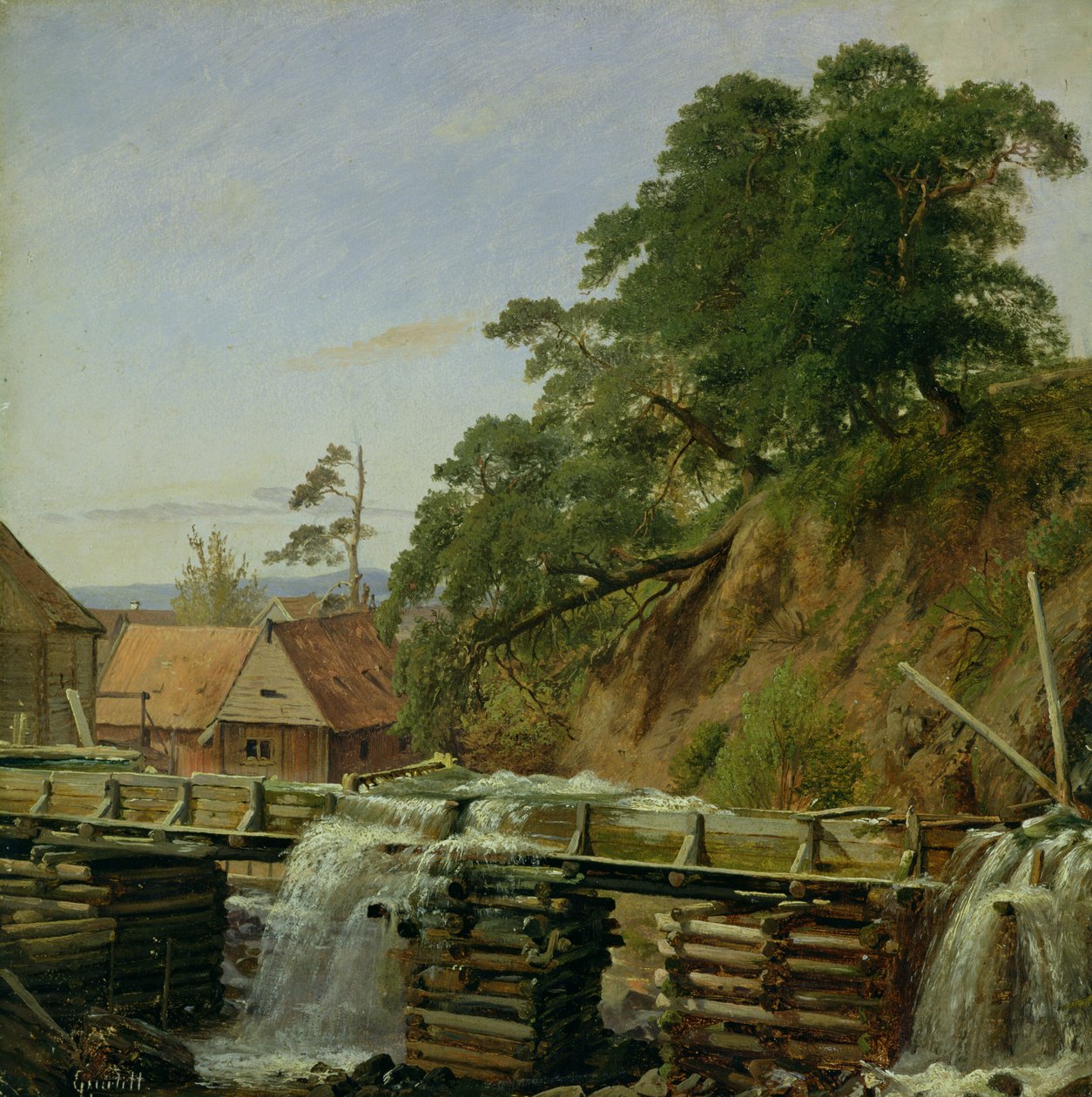 Um moinho de água em Christiania, c.1834 (óleo sobre papel em papelão) de Louis Gurlitt
