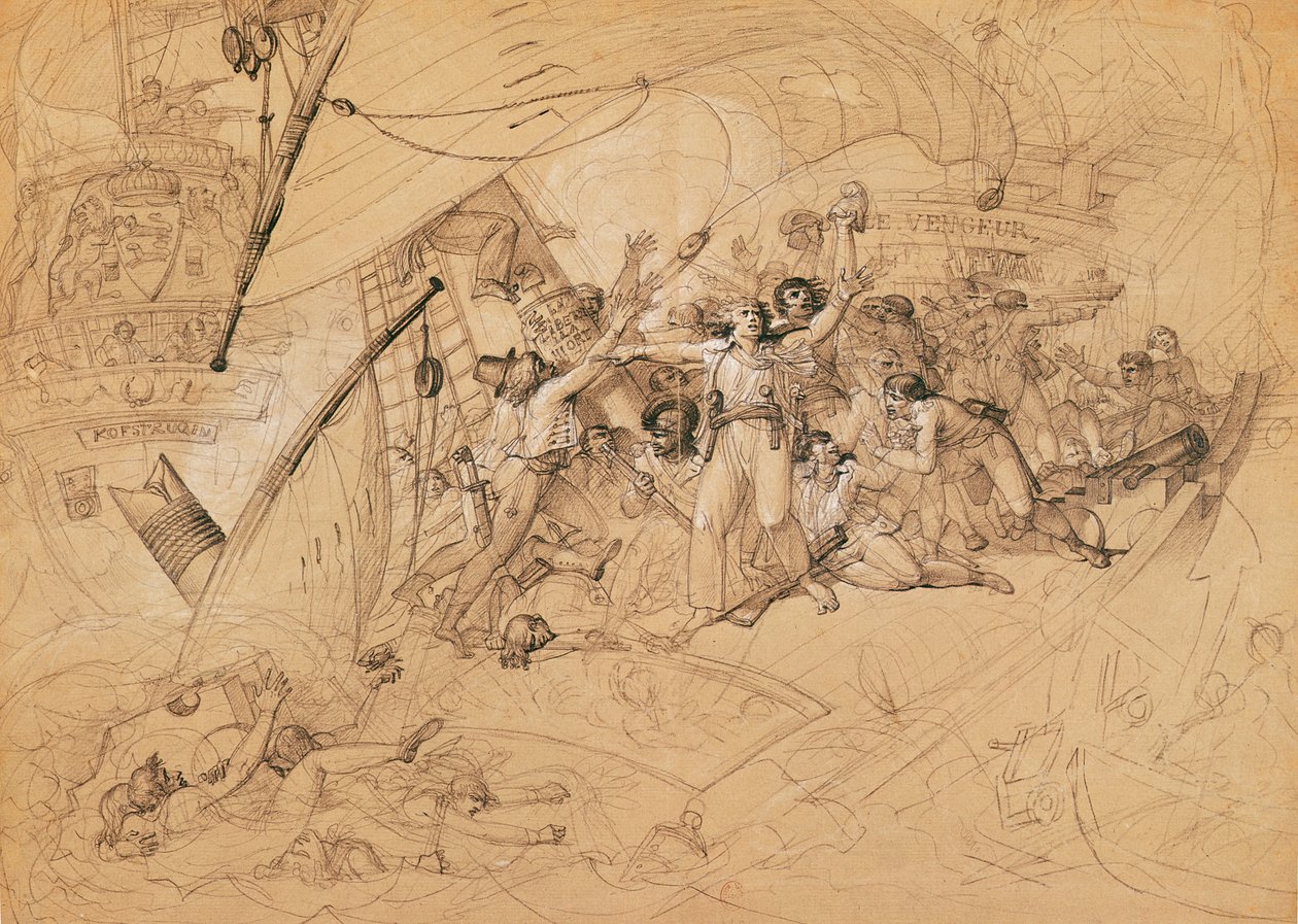 &39;O Vingador do Povo&39; Afundando na Batalha de Ushant, 1º de junho de 1794 (grafite sobre papel) de Louis Lafitte