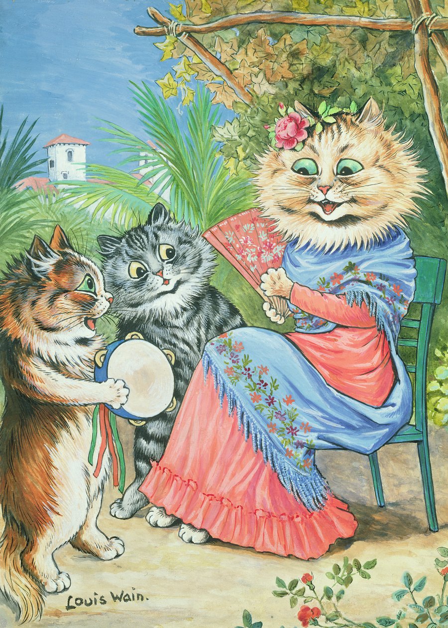 Gato mãe, com, ventilador, e, dois, gatinhos de Louis Wain