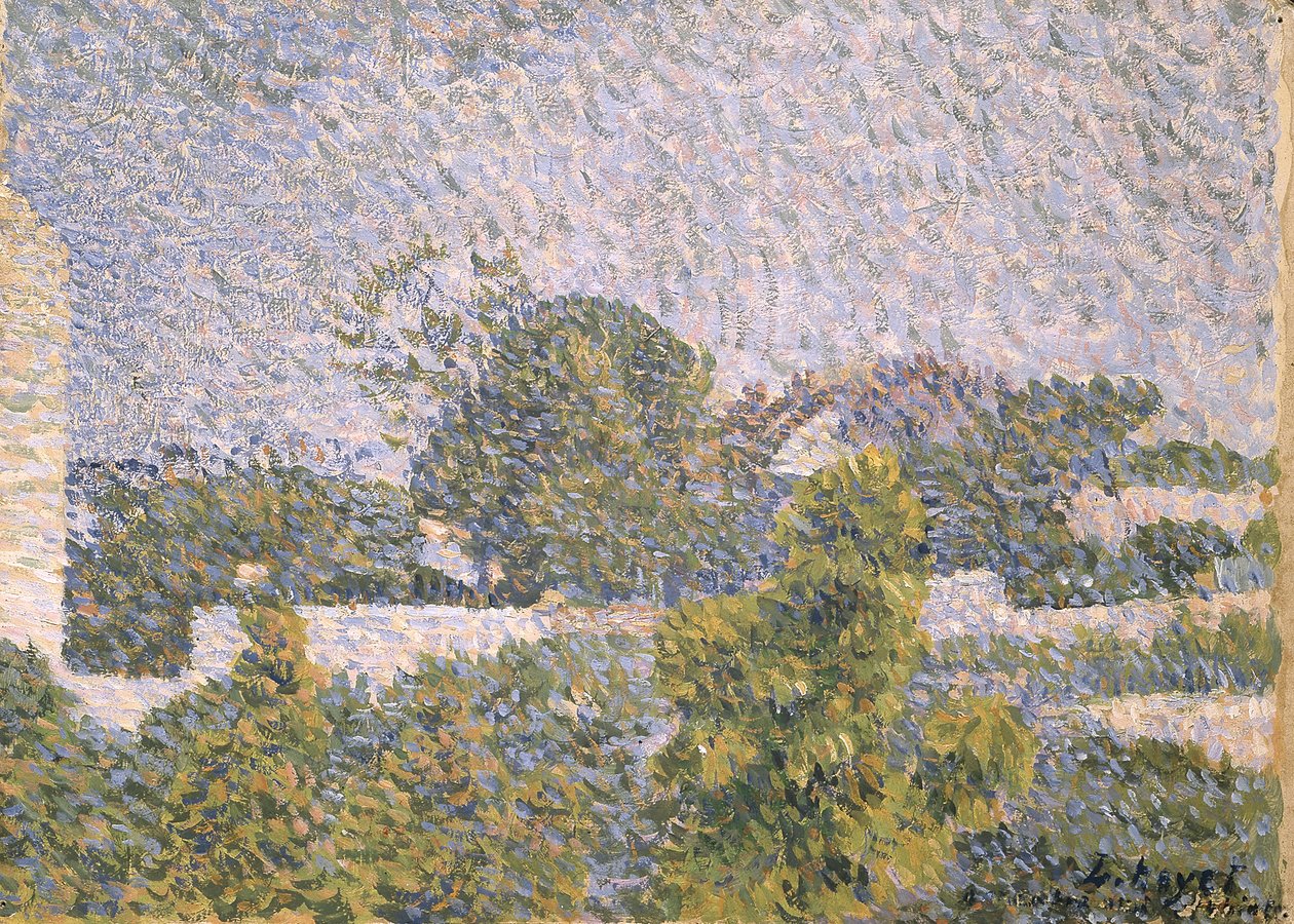Paisagem (encáustica(?) em cartão estratificado) de Louis Hayet