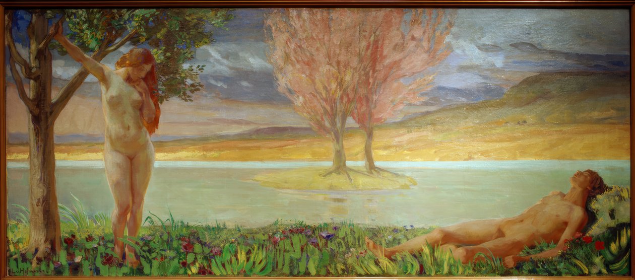 Adão e Eva na paisagem celestial de Ludwig von Hofmann