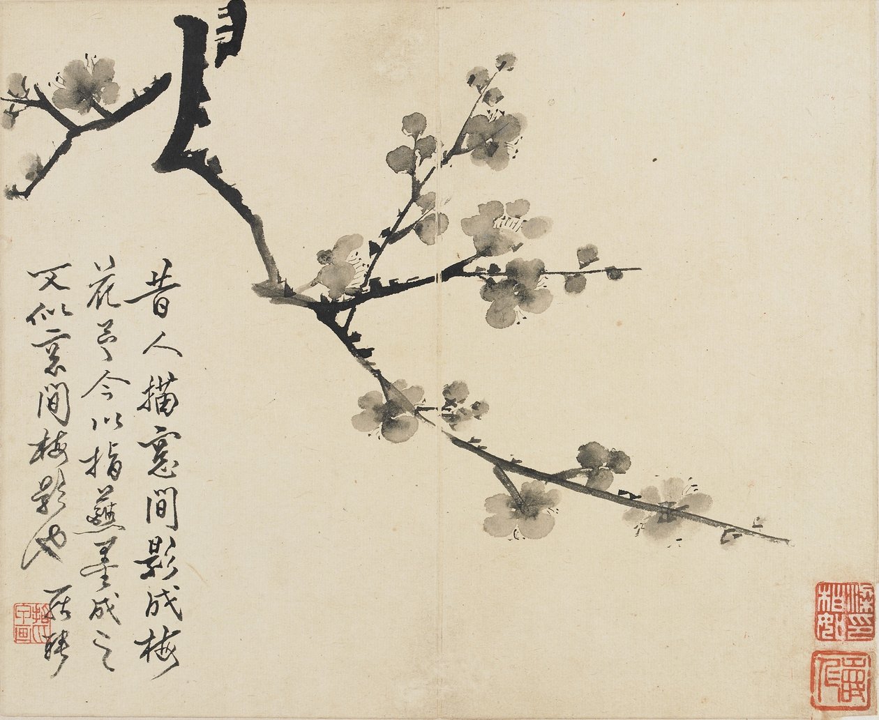 Paisagens, Flores e Pássaros: Ameixa, Dinastia Qing, 1780 (tinta sobre papel) de Luo Ping