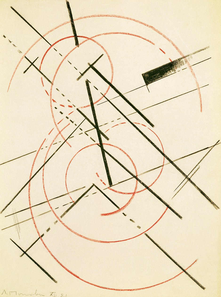 Composição Linear (lápis vermelho e preto sobre papel colocado a bordo) de Lyubov Sergeevna Popova