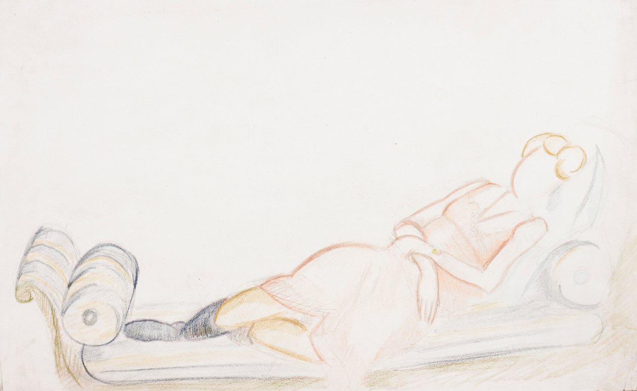 Christine Mavrogordato em uma cama de dia, c.1928 (lápis e crayon no papel) de Mark Gertler