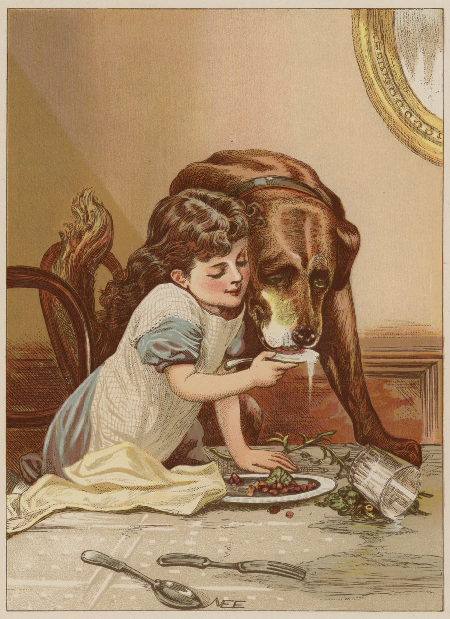 Menina, alimentação, cão, (chromolitho) de Mary Ellen Edwards