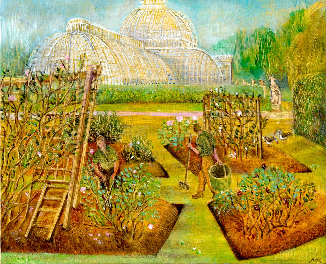 Jardineiros, Kew, 2002 (óleo a bordo) de Mary Kuper