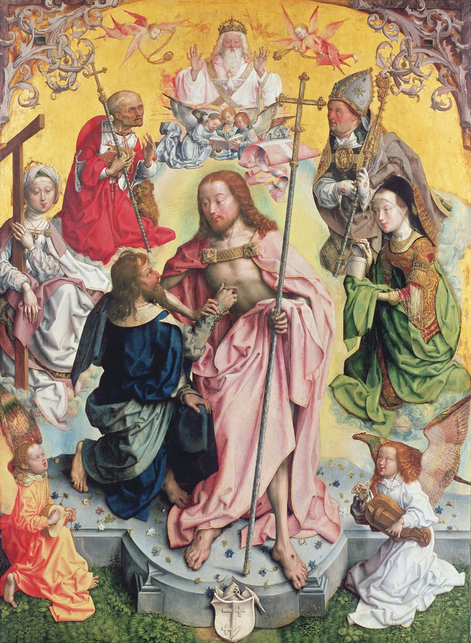 Painel central do St. Thomas Altarpiece, 1501, Cristo e São Tomé rodeado por Santa Helena, Maria Madalena, Santa Jérôme e São Ambrósio de Master of St. Bartholemew