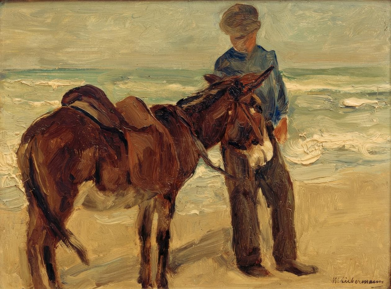 Menino com equitação burro na praia de Max Liebermann
