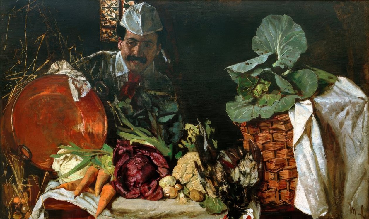 Auto-retrato com cozinha ainda vida de Max Liebermann