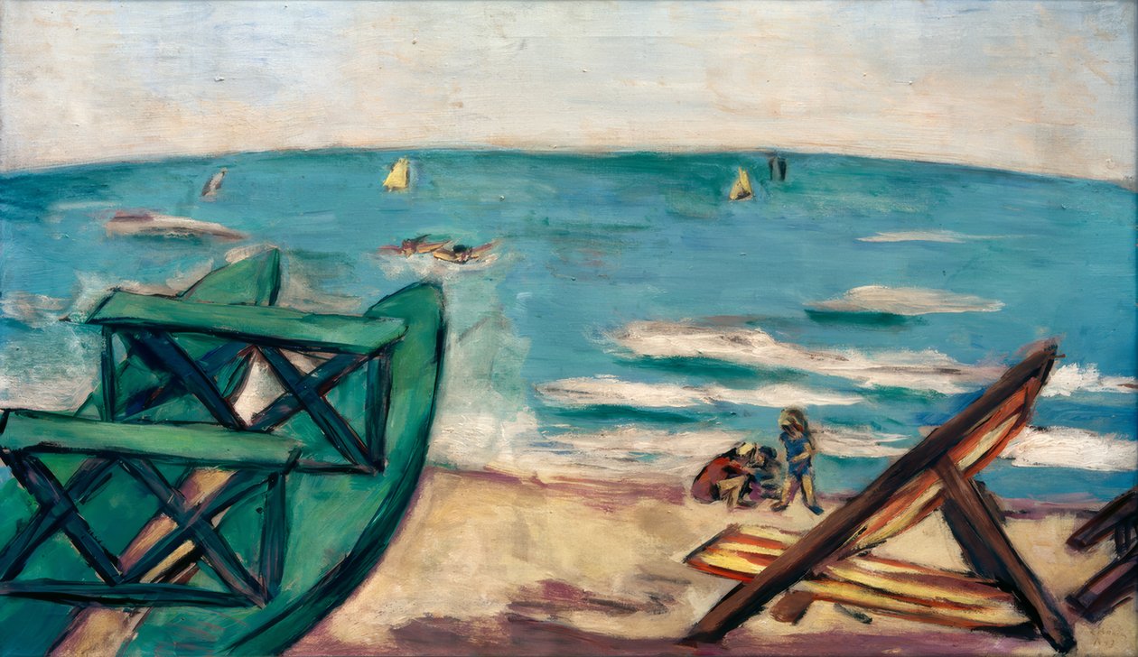 Praia com barco e deckchair de Max Beckmann