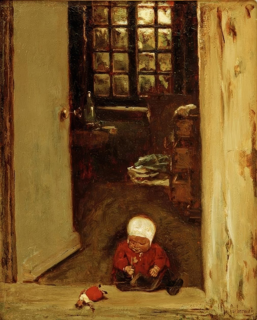 Criança brincando na porta da frente de Max Liebermann