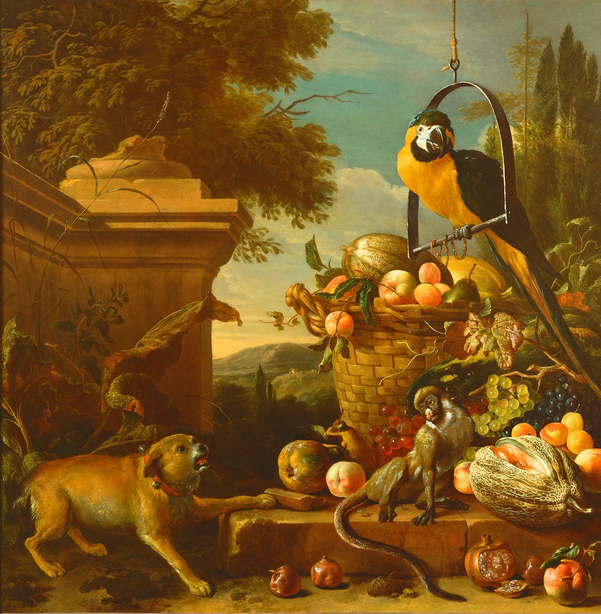 Arara e um macaco de Melchior de Hondecoeter