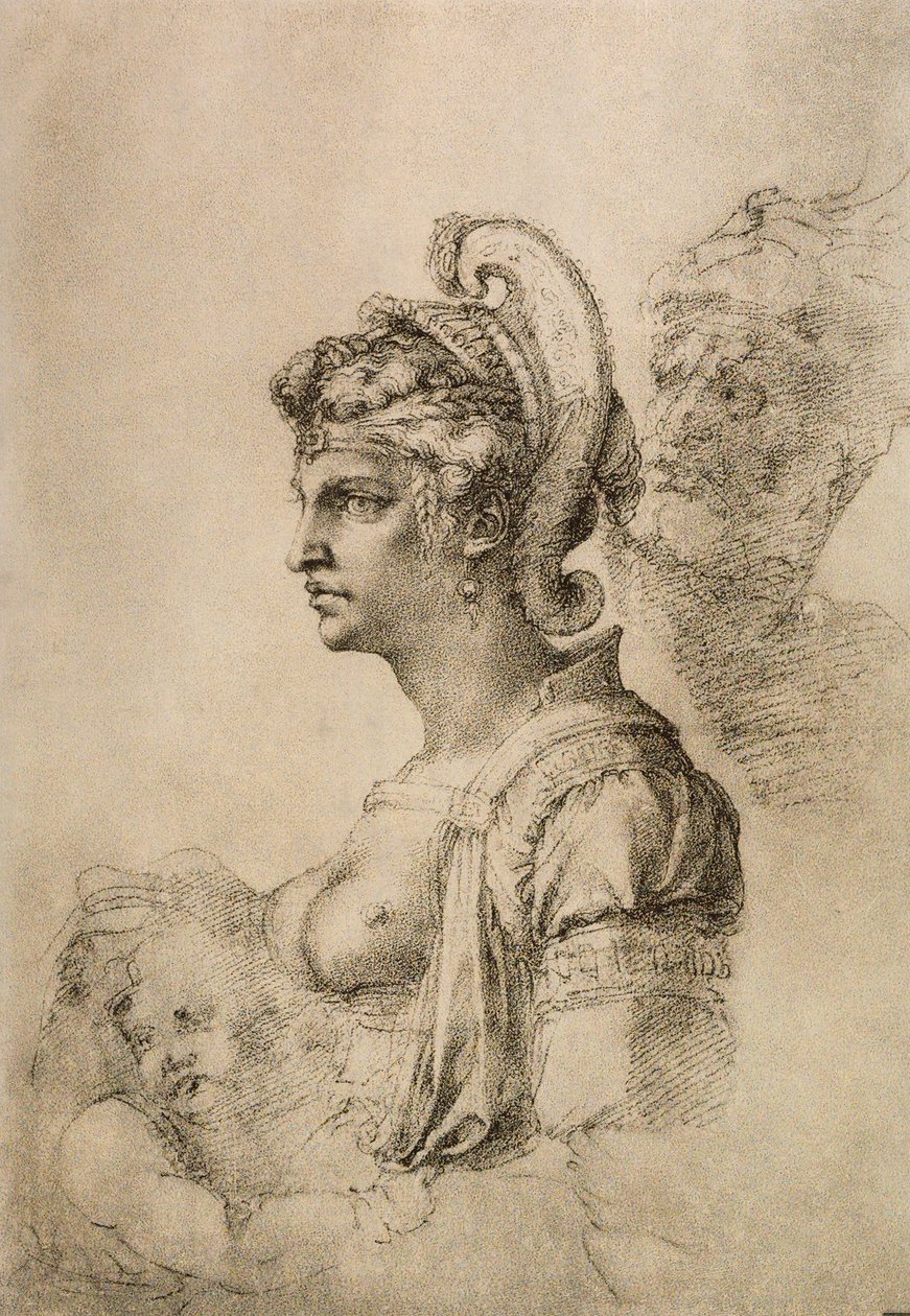 Cleópatra, desenho de Michelangelo. Gabinete de Desenhos e Gravuras,  Galeria Uffizi, Florença