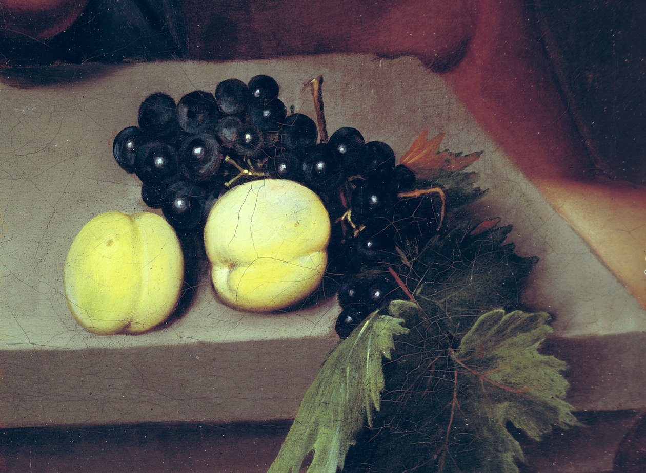 O Baco Doente, detalhe de pêssegos e uvas, 1591 (ver 55903) de Michelangelo Merisi Caravaggio