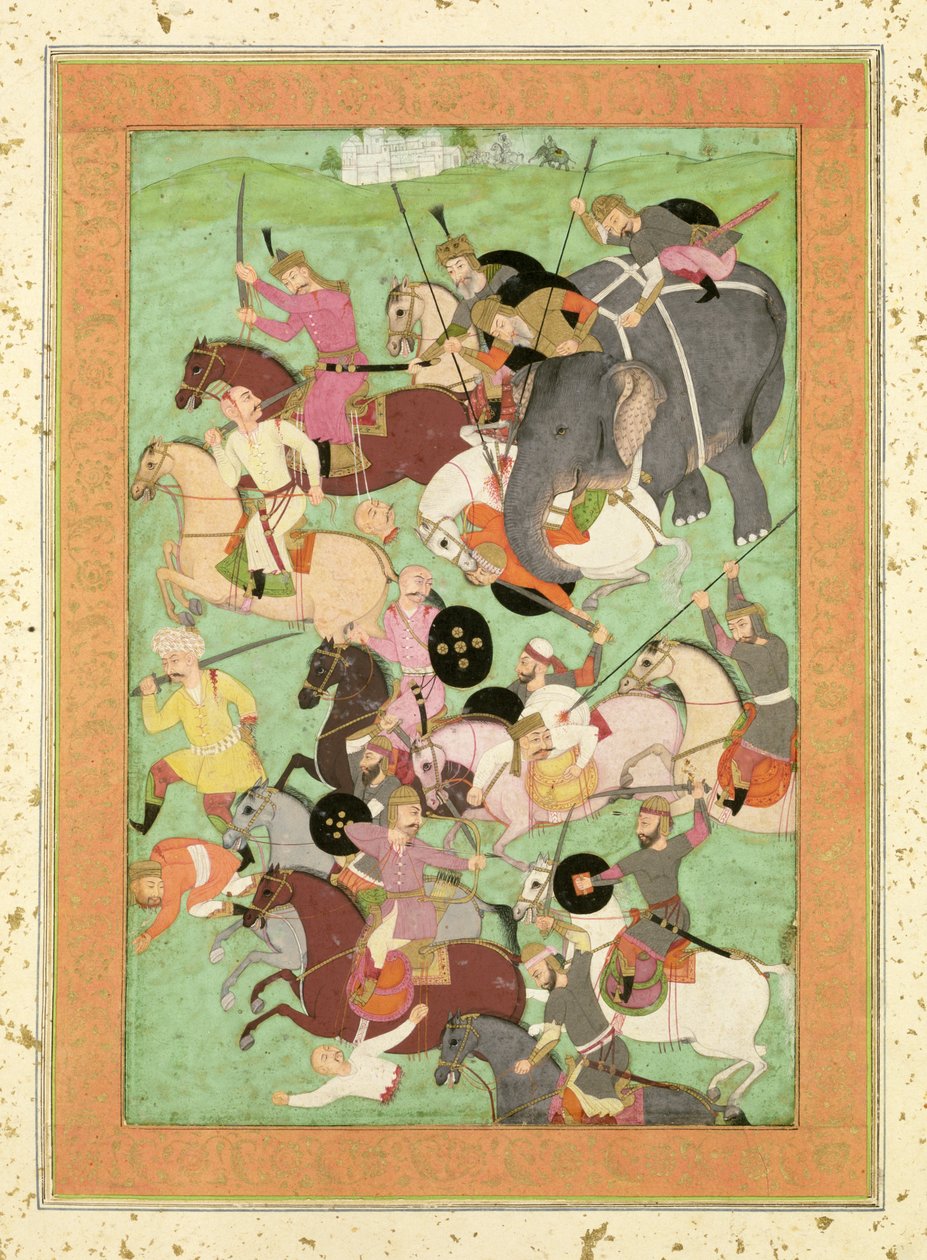 Batalha entre as forças do Irã e Turan, ilustração para o Shahnama, Álbum Large Clive, meados do século XVII (papel, ouro e couro) de Mughal School