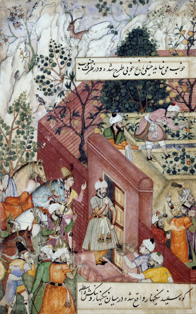 O Imperador Mogor Babur (r.1526-30) prestes a supervisionar a colocação de um jardim, usando linhas, do &39;Akbarnama&39;, c.1590 (guache no pergaminho) de Mughal School