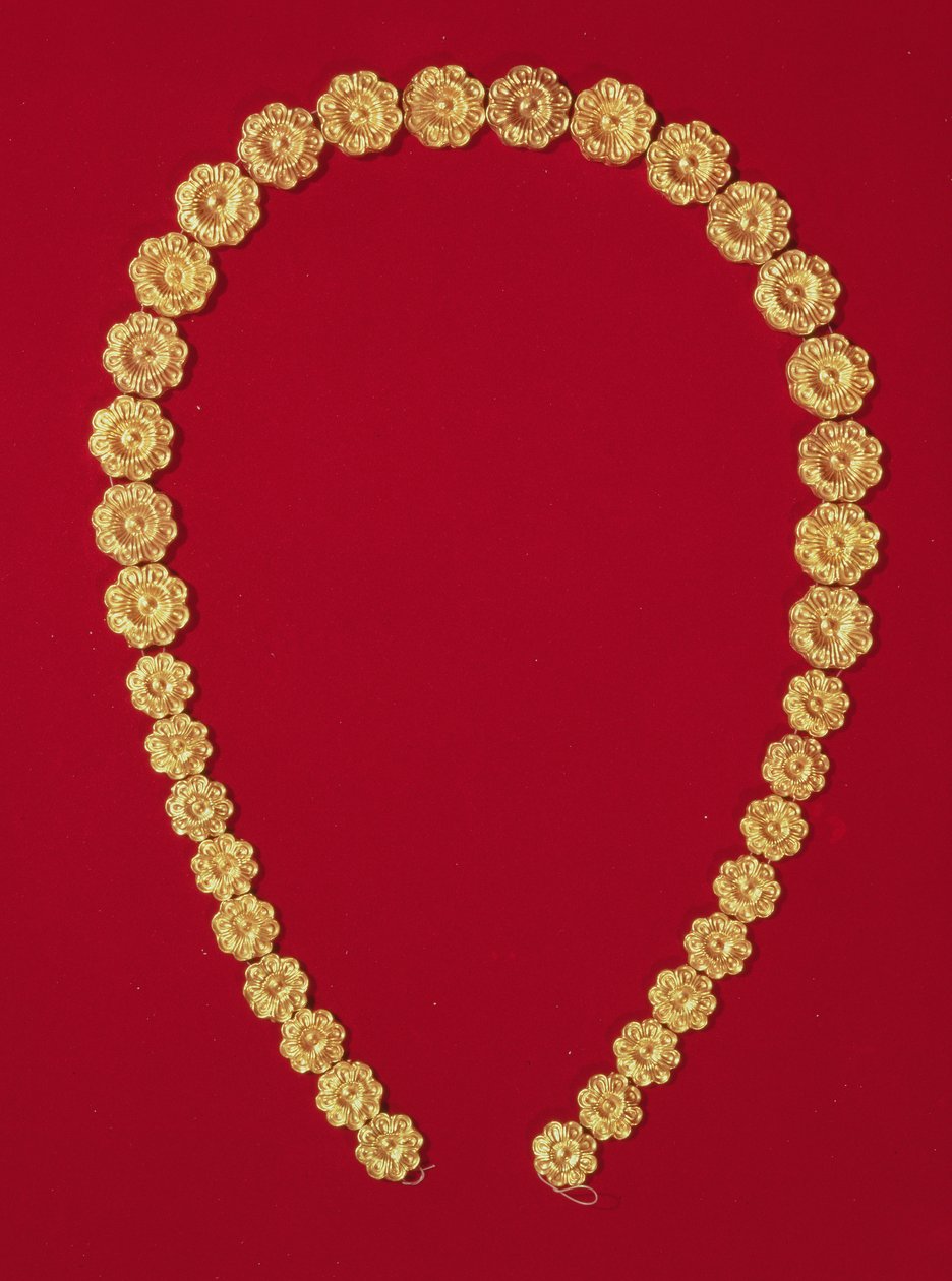 Colar de missangas em forma de roseta, do Tholos Tomb at Dendra, c.1400 aC (ouro) de Mycenaean